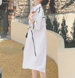 レディース ワンピース シャツワンピ 膝丈 5分袖 襟付き 角襟 ワイド バイカラー かわいい シンプル カジュアル おしゃれ ラフ ガーリー 存在感 ラブリー キュート 爽やか 無地 春