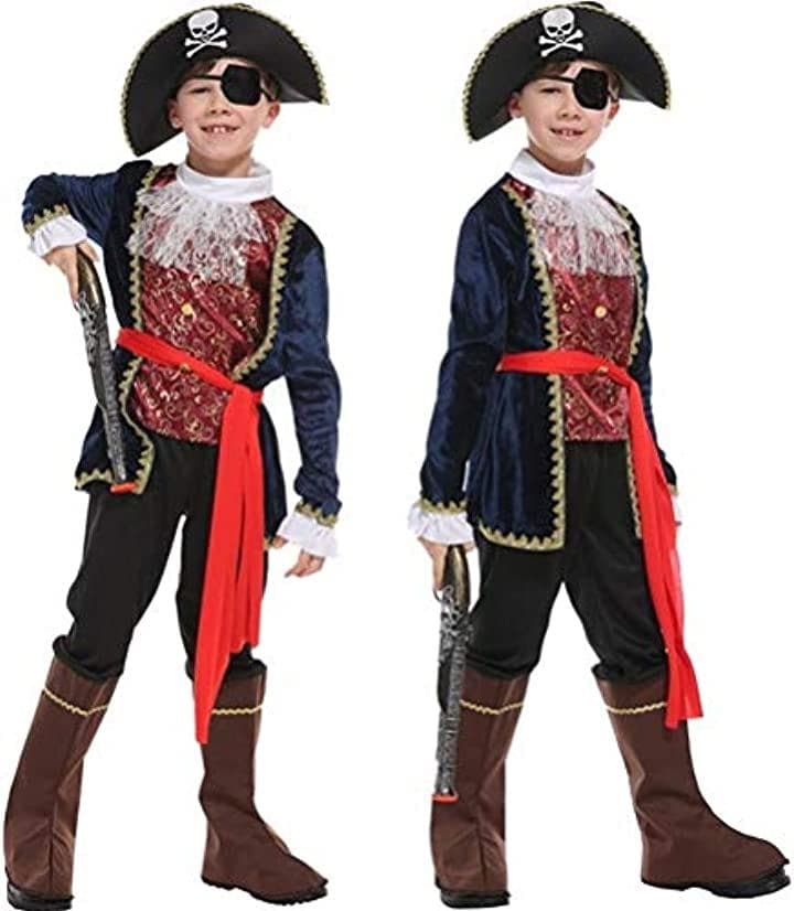 パイレーツ キッズ 海賊 船長 高級タイプ ブルー ハロウィン シール付き 2点セット キッズコスチューム 男の子 S701 M(青, M(110cm-120cm))