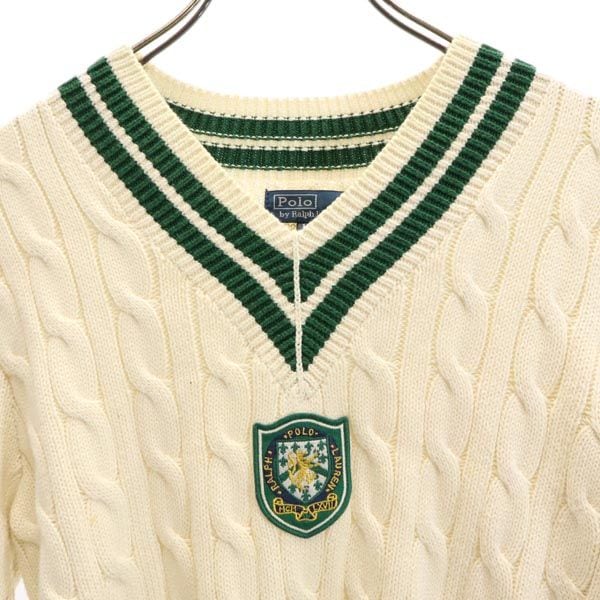 ポロバイラルフローレン 長袖 Vネック ニット 160 ホワイト系 Polo by Ralph Lauren セーター ロゴ ワッペン 開襟 キッズ