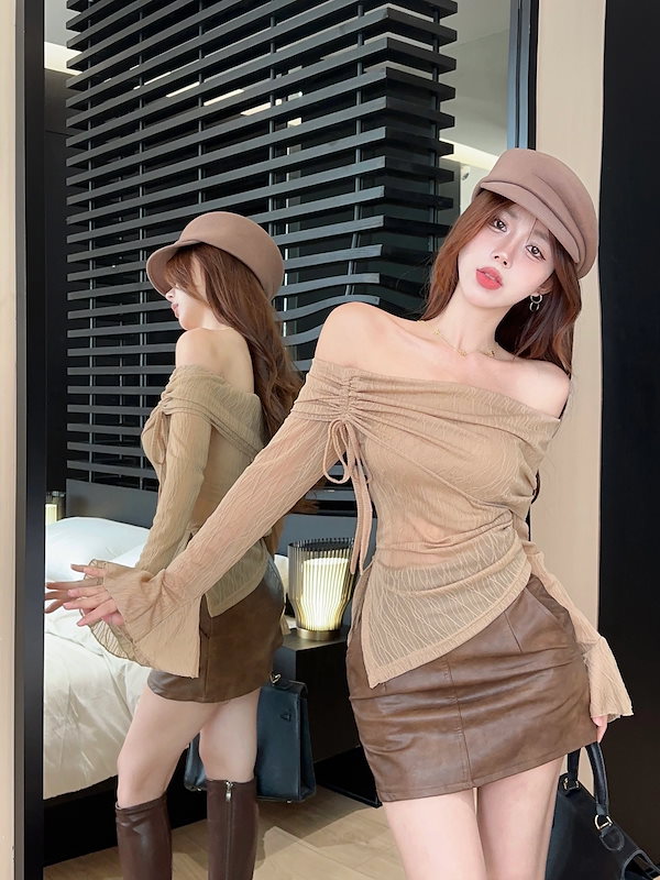 Qoo10] 2色 Tシャツ オフショルダー 長袖 日