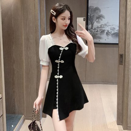 ワンピース ドレス レディース ショート 半袖 パフスリーブ レース スリット リボン かわいい 大人可愛い きれいめ シンプル ガーリー 大人 上品 おしゃれ 無地 夏 デート お出かけ ブラック