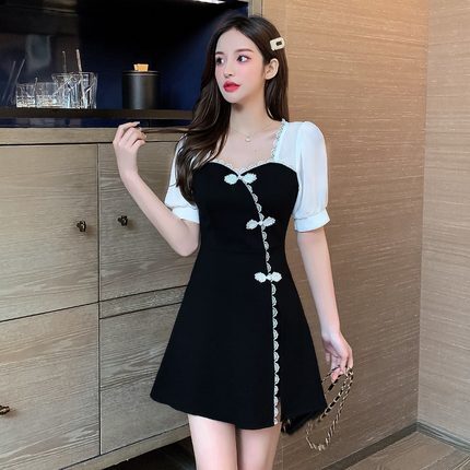 ワンピース ドレス レディース ショート 半袖 パフスリーブ レース スリット リボン かわいい 大人可愛い きれいめ シンプル ガーリー 大人 上品 おしゃれ 無地 夏 デート お出かけ ブラック