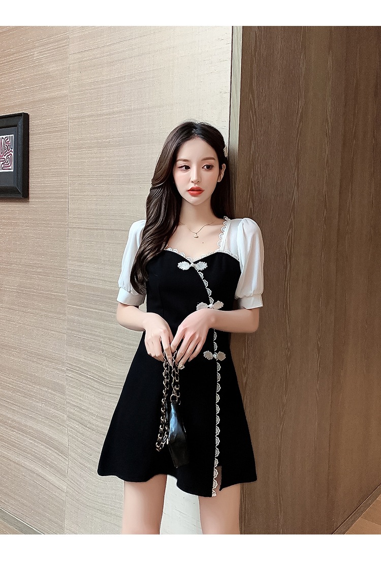 ワンピース ドレス レディース ショート 半袖 パフスリーブ レース スリット リボン かわいい 大人可愛い きれいめ シンプル ガーリー 大人 上品 おしゃれ 無地 夏 デート お出かけ ブラック