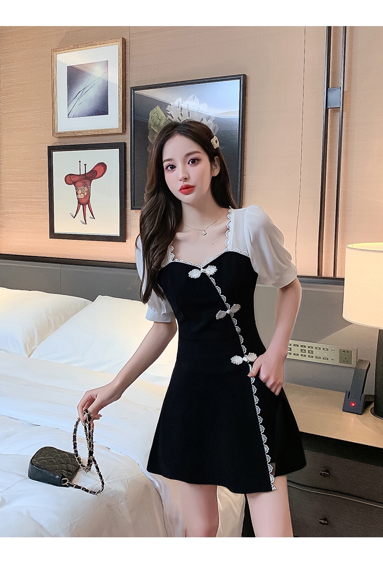ワンピース ドレス レディース ショート 半袖 パフスリーブ レース スリット リボン かわいい 大人可愛い きれいめ シンプル ガーリー 大人 上品 おしゃれ 無地 夏 デート お出かけ ブラック