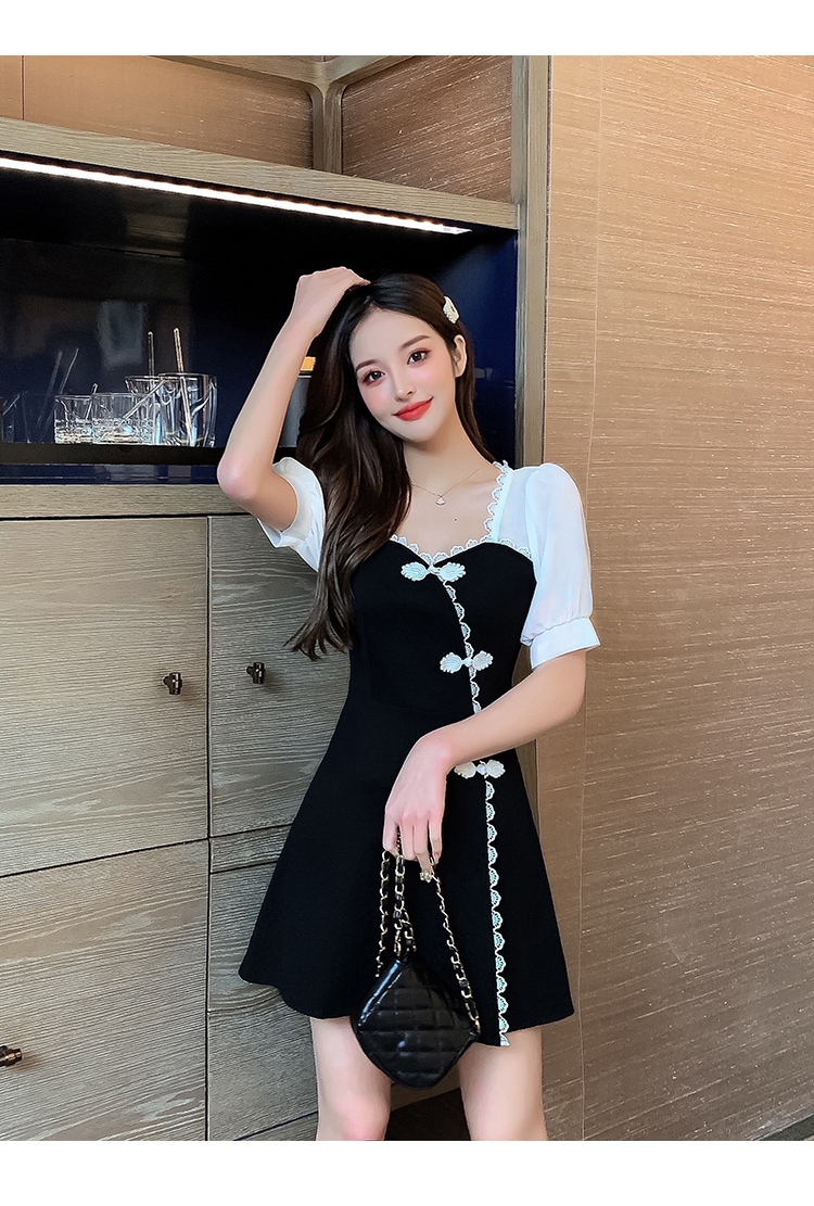ワンピース ドレス レディース ショート 半袖 パフスリーブ レース スリット リボン かわいい 大人可愛い きれいめ シンプル ガーリー 大人 上品 おしゃれ 無地 夏 デート お出かけ ブラック