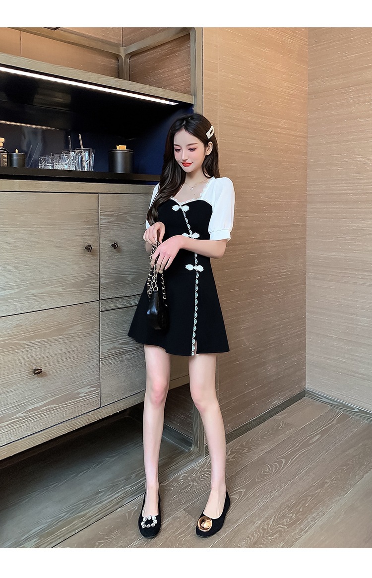 ワンピース ドレス レディース ショート 半袖 パフスリーブ レース スリット リボン かわいい 大人可愛い きれいめ シンプル ガーリー 大人 上品 おしゃれ 無地 夏 デート お出かけ ブラック