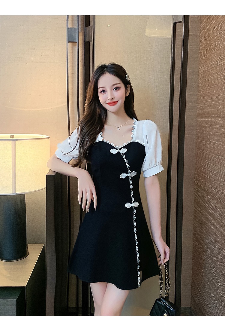 ワンピース ドレス レディース ショート 半袖 パフスリーブ レース スリット リボン かわいい 大人可愛い きれいめ シンプル ガーリー 大人 上品 おしゃれ 無地 夏 デート お出かけ ブラック