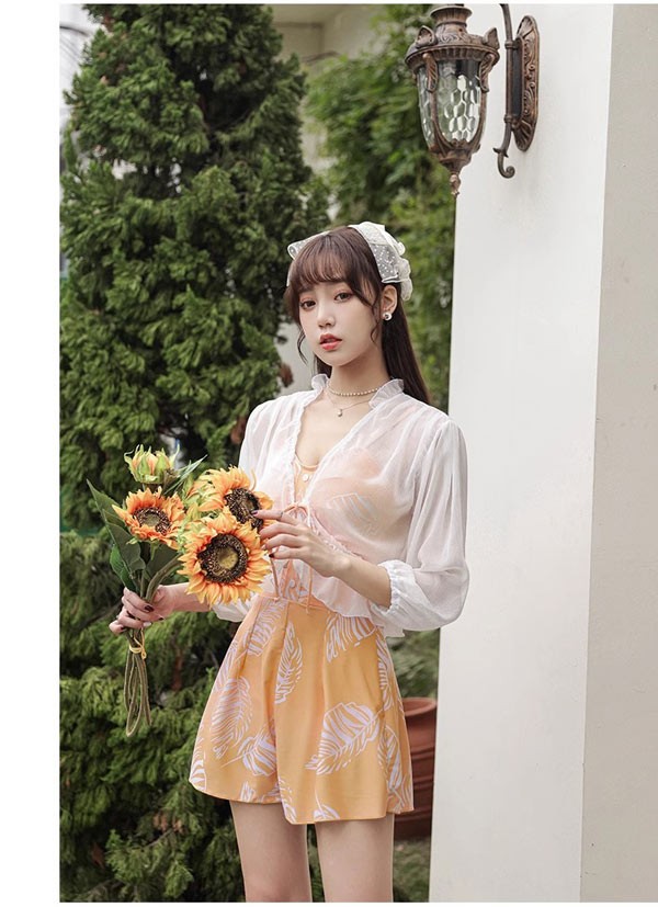 ワンピース水着 服みたいな 水着 2点セット 長袖 リボン ワイヤーなし パッド付 レディース 着瘦せ シンプル 写真映え 撮影用 海 夏 サマー プール リゾート かわいい オシャレ 旅行 温泉 大