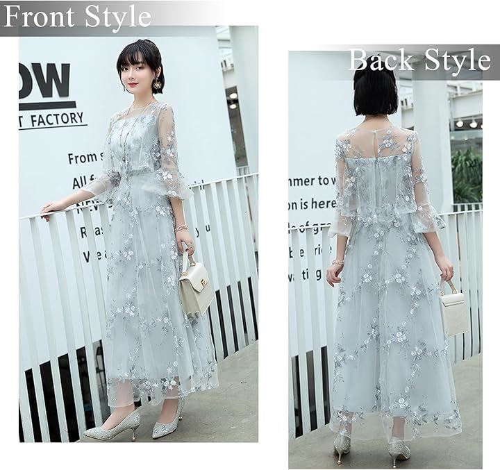 結婚式 ドレス ロング 個性的 Aライン レース 刺繍 ワンピース( グレー, 2XL) 結婚式 ドレス ロング 個性的 Aライン レース 刺繍 ワンピース( グレー, 2XL)