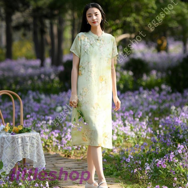 営业促进 チャイナドレス ワンピース ドレス レディース 半袖 Aライン マキシドレス 体型カバー 無地 立ち襟 春夏 綿とリネン 快適 涼しい ホームウエア 綿麻 膝丈