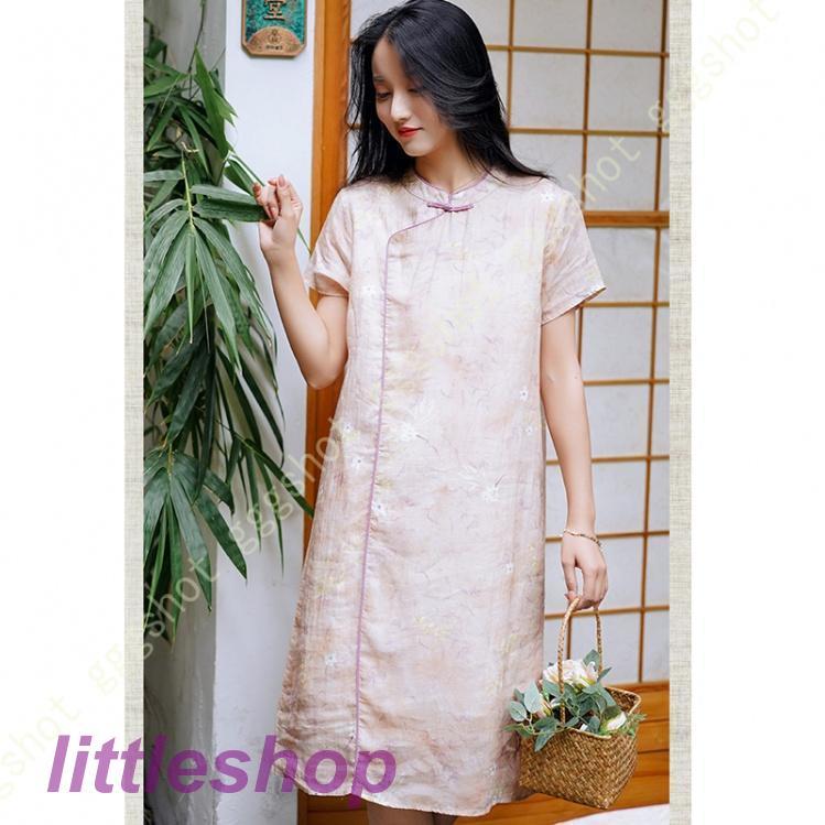 営业促进 チャイナドレス ワンピース ドレス レディース 半袖 Aライン マキシドレス 体型カバー 無地 立ち襟 春夏 綿とリネン 快適 涼しい ホームウエア 綿麻 膝丈