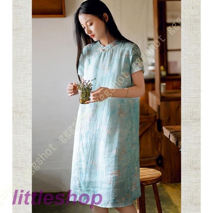 営业促进 チャイナドレス ワンピース ドレス レディース 半袖 Aライン マキシドレス 体型カバー 無地 立ち襟 春夏 綿とリネン 快適 涼しい ホームウエア 綿麻 膝丈