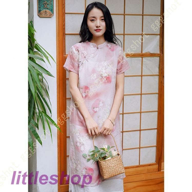 営业促进 チャイナドレス ワンピース ドレス レディース 半袖 Aライン マキシドレス 体型カバー 無地 立ち襟 春夏 綿とリネン 快適 涼しい ホームウエア 綿麻 膝丈