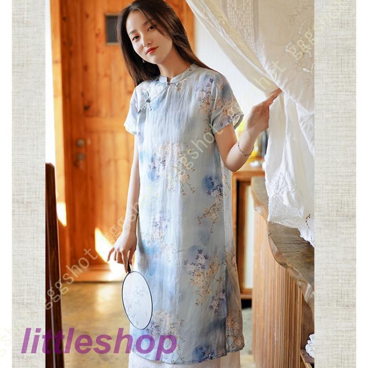営业促进 チャイナドレス ワンピース ドレス レディース 半袖 Aライン マキシドレス 体型カバー 無地 立ち襟 春夏 綿とリネン 快適 涼しい ホームウエア 綿麻 膝丈