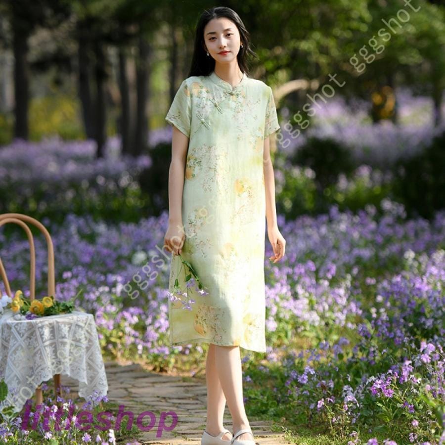 営业促进 チャイナドレス ワンピース ドレス レディース 半袖 Aライン マキシドレス 体型カバー 無地 立ち襟 春夏 綿とリネン 快適 涼しい ホームウエア 綿麻 膝丈