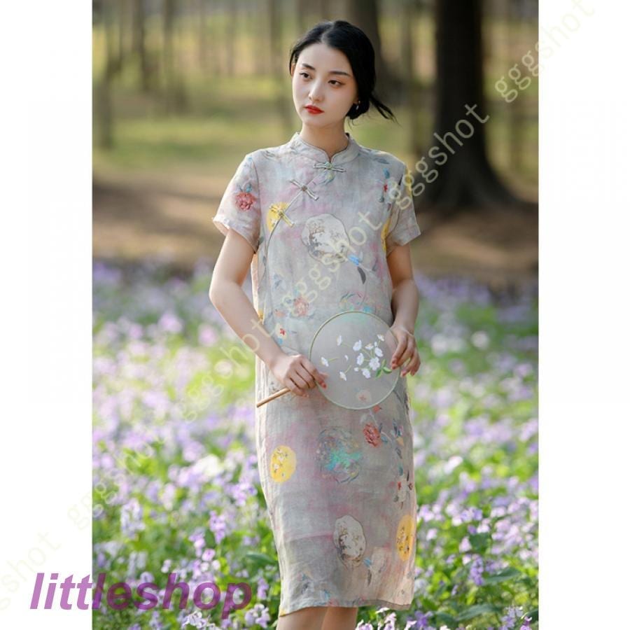 営业促进 チャイナドレス ワンピース ドレス レディース 半袖 Aライン マキシドレス 体型カバー 無地 立ち襟 春夏 綿とリネン 快適 涼しい ホームウエア 綿麻 膝丈