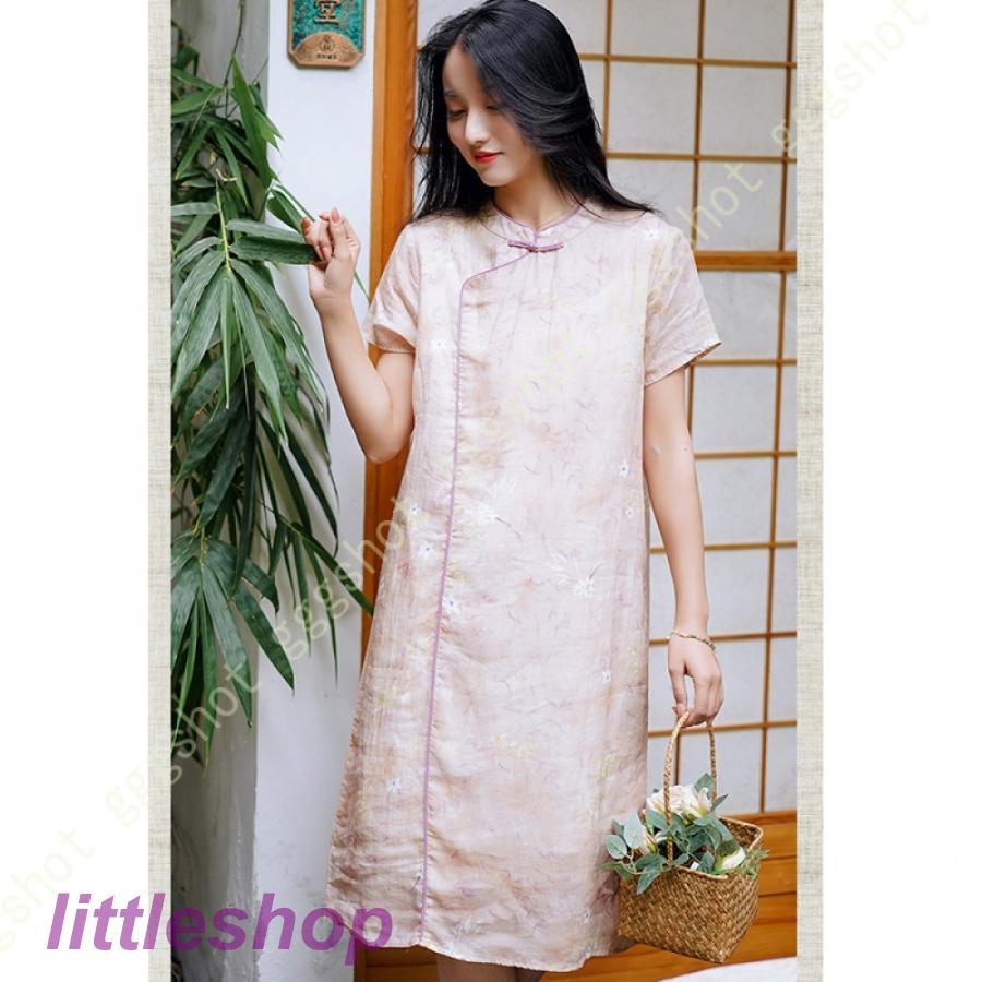 営业促进 チャイナドレス ワンピース ドレス レディース 半袖 Aライン マキシドレス 体型カバー 無地 立ち襟 春夏 綿とリネン 快適 涼しい ホームウエア 綿麻 膝丈