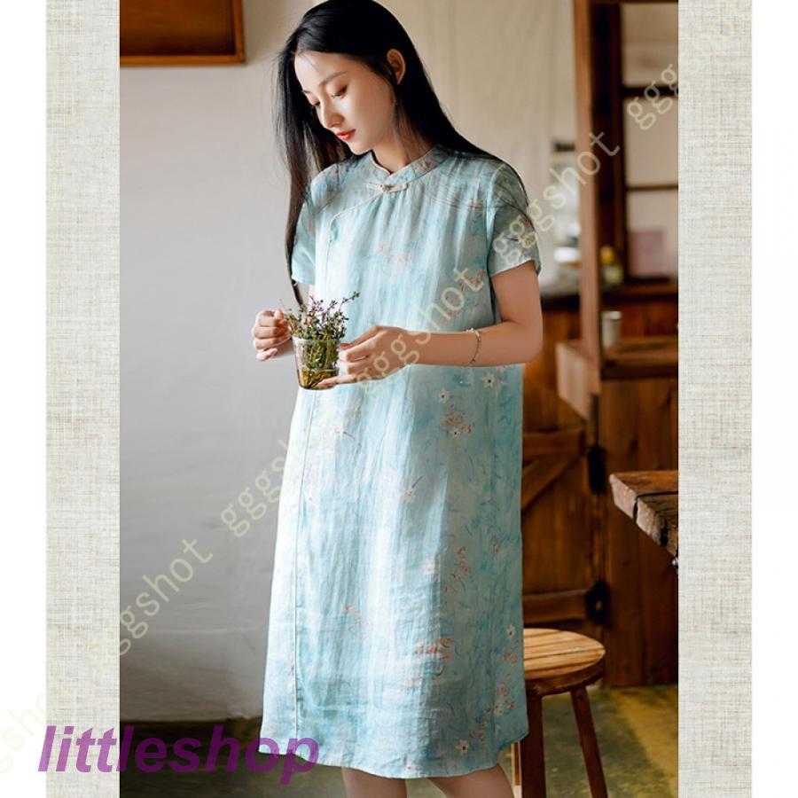 営业促进 チャイナドレス ワンピース ドレス レディース 半袖 Aライン マキシドレス 体型カバー 無地 立ち襟 春夏 綿とリネン 快適 涼しい ホームウエア 綿麻 膝丈