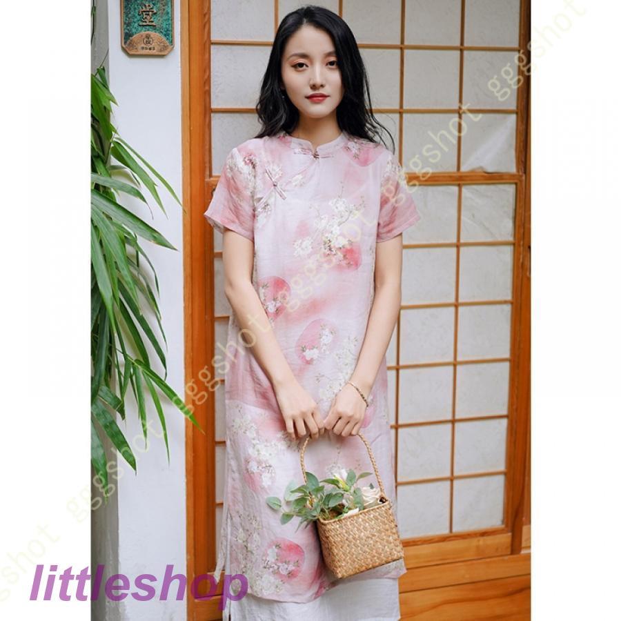 営业促进 チャイナドレス ワンピース ドレス レディース 半袖 Aライン マキシドレス 体型カバー 無地 立ち襟 春夏 綿とリネン 快適 涼しい ホームウエア 綿麻 膝丈