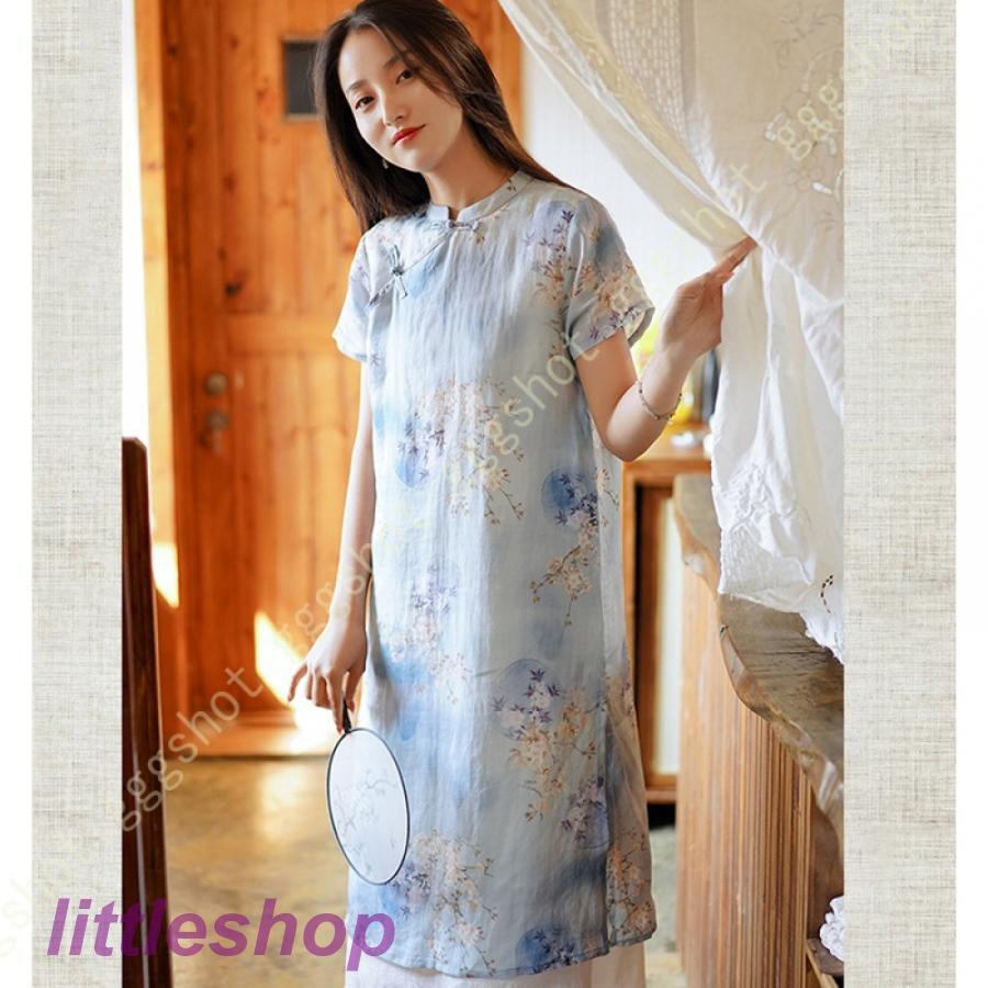 営业促进 チャイナドレス ワンピース ドレス レディース 半袖 Aライン マキシドレス 体型カバー 無地 立ち襟 春夏 綿とリネン 快適 涼しい ホームウエア 綿麻 膝丈