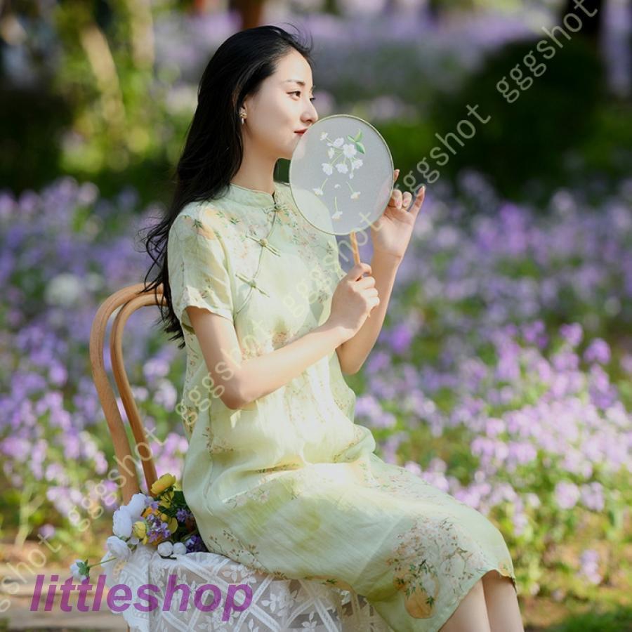 営业促进 チャイナドレス ワンピース ドレス レディース 半袖 Aライン マキシドレス 体型カバー 無地 立ち襟 春夏 綿とリネン 快適 涼しい ホームウエア 綿麻 膝丈