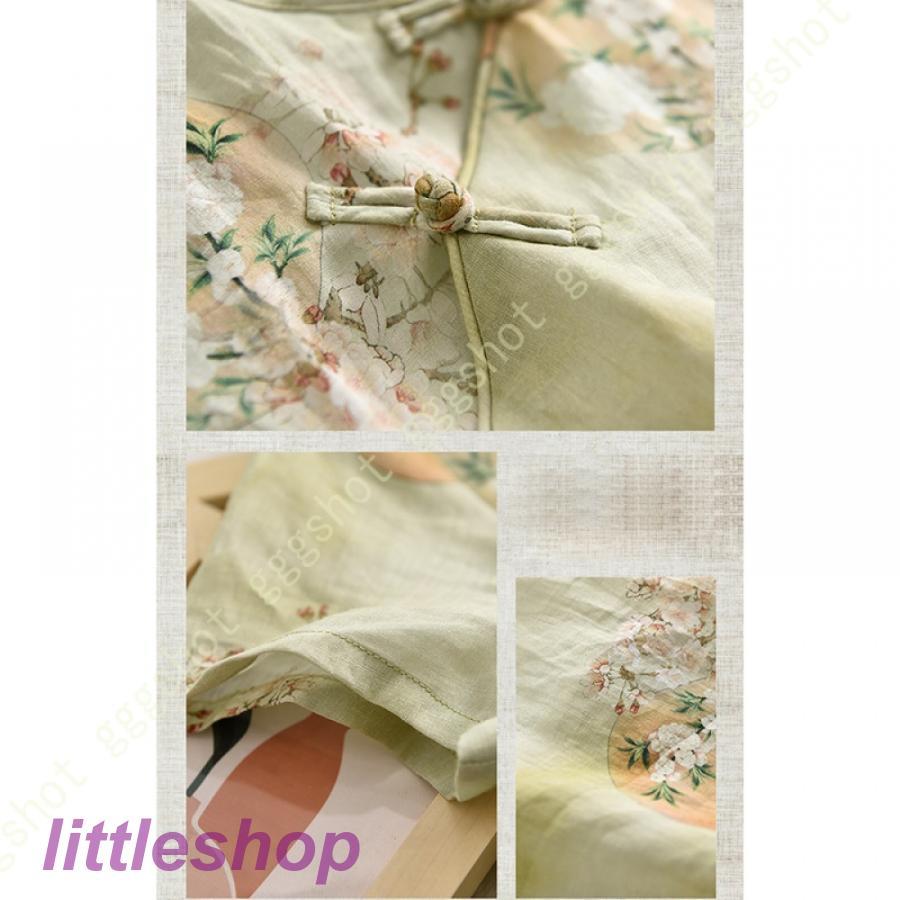 営业促进 チャイナドレス ワンピース ドレス レディース 半袖 Aライン マキシドレス 体型カバー 無地 立ち襟 春夏 綿とリネン 快適 涼しい ホームウエア 綿麻 膝丈