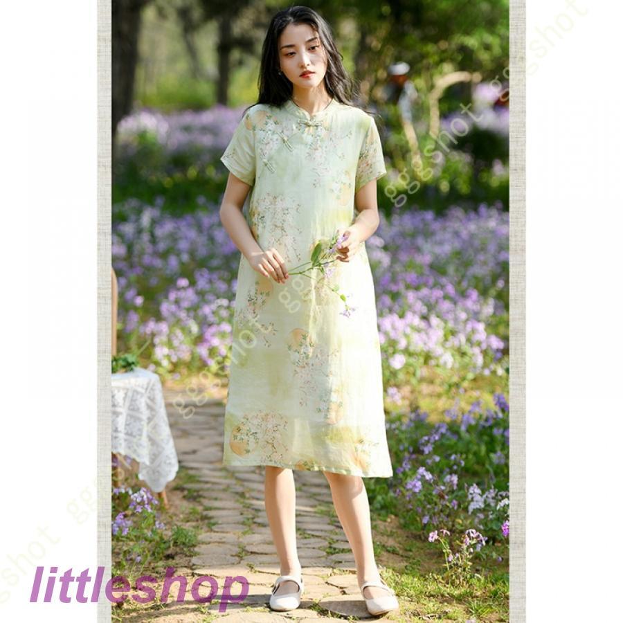 営业促进 チャイナドレス ワンピース ドレス レディース 半袖 Aライン マキシドレス 体型カバー 無地 立ち襟 春夏 綿とリネン 快適 涼しい ホームウエア 綿麻 膝丈