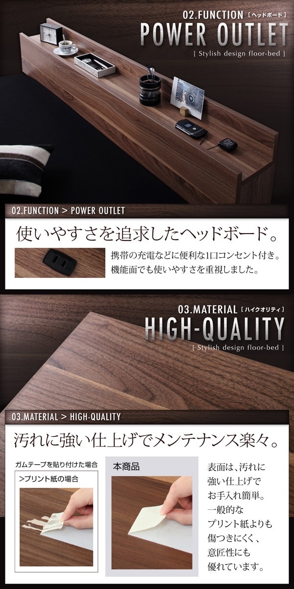 棚/コンセント付き フロアベッド [W.coRe]ダブルコア [プレミアムポケットコイルマットレス付き] セミダブル [フレーム色]オークホワイト [マットレス色]ブラック