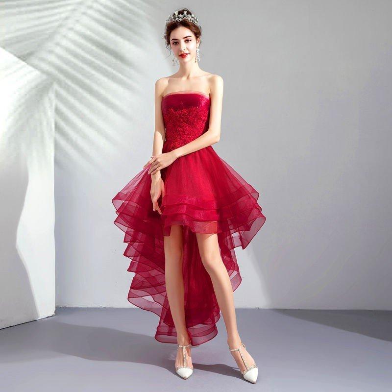 Aライン ベアトップ パーティドレス イブニングドレス 赤ドレス-902 フィッシュテール 演奏会 二次会ドレス レディース 花嫁ドレス 結婚式ドレス 披露宴