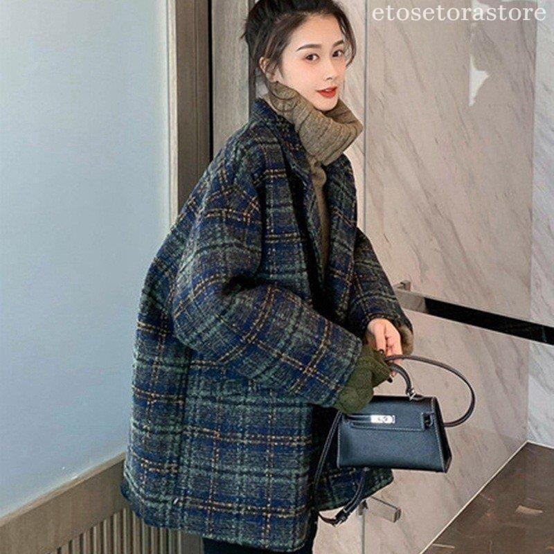 品大人気チェスターコートレデースコーデミディアム丈秋冬アウターPコートチェック柄カジュアル体型カバーお洒落着痩せ上品通勤常