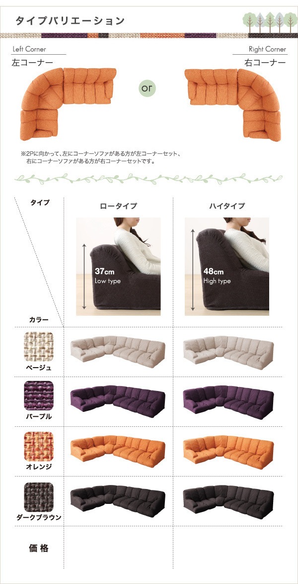 フロアコーナーソファ　[Oise]オワーズ　ハイタイプ　右コーナーセット　ベージュ　フロアソファ