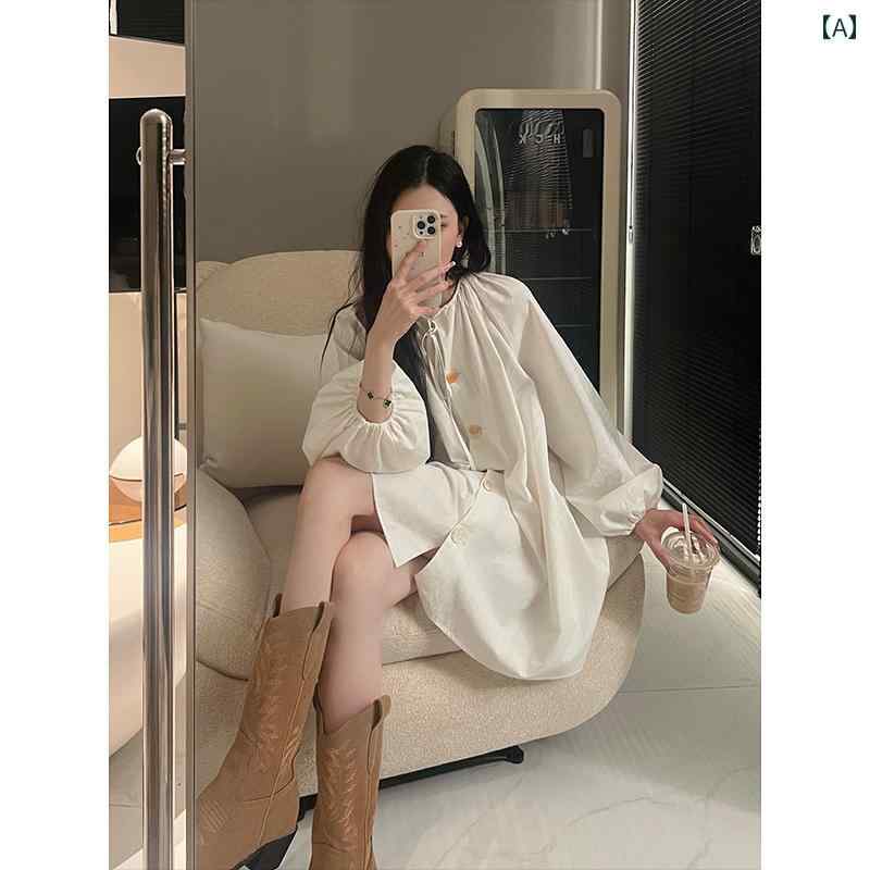 レディース ファッション オシャレ カワイイ シンプル 人カワイイ きいサイズ ボタン ランタン スリーブ シャツ ワンピース スリム スカート