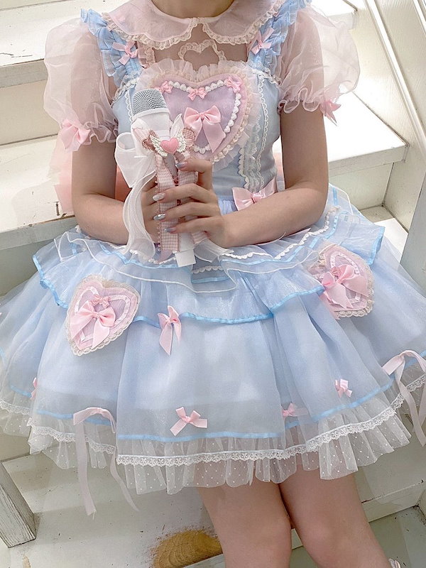 青とピンクのロリータ ゴスロリ・ロリータドレス 青紫色 フリル付き 和