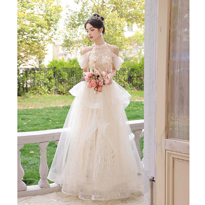 【2枚購入で 3oo円OFF！】女性用シャンパンドレス 2025 ホルターネック シン エンゲージメント ファッション プリンセス スーパー バンケット ドレス