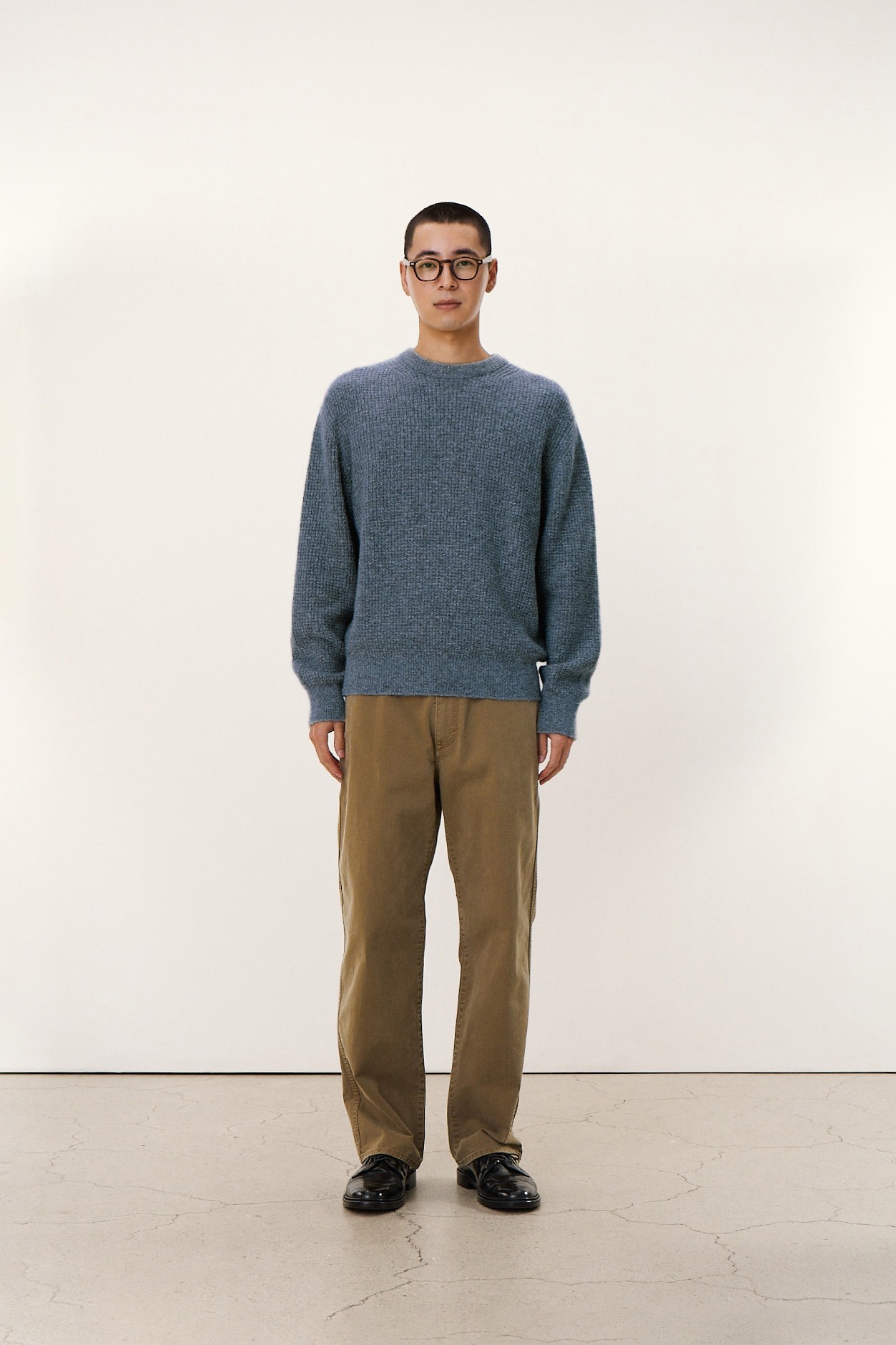 【POTTERY】 WAFFLE COMFORT CREWNECK KNIT : BLUE GRAY