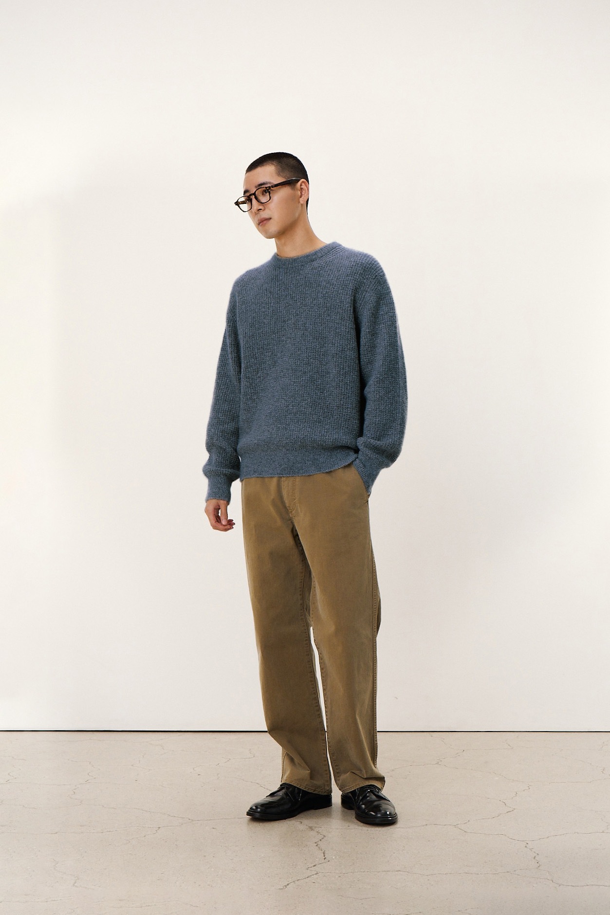 【POTTERY】 WAFFLE COMFORT CREWNECK KNIT : BLUE GRAY