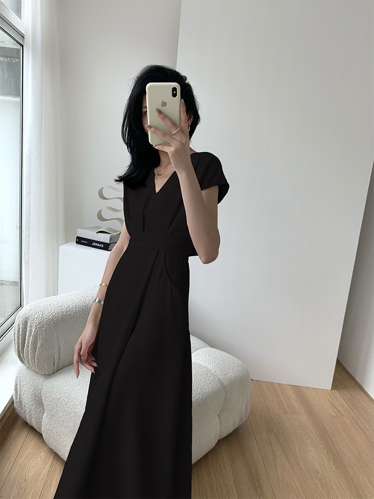 ワンピース 膝下 ミモレ ミモレ丈 袖あり フレンチスリーブ Vネック スリム ウエストリボン ハイウエスト きれいめ シンプル 大人 上品 おしゃれ 大人女子 こなれ感 クール セクシー