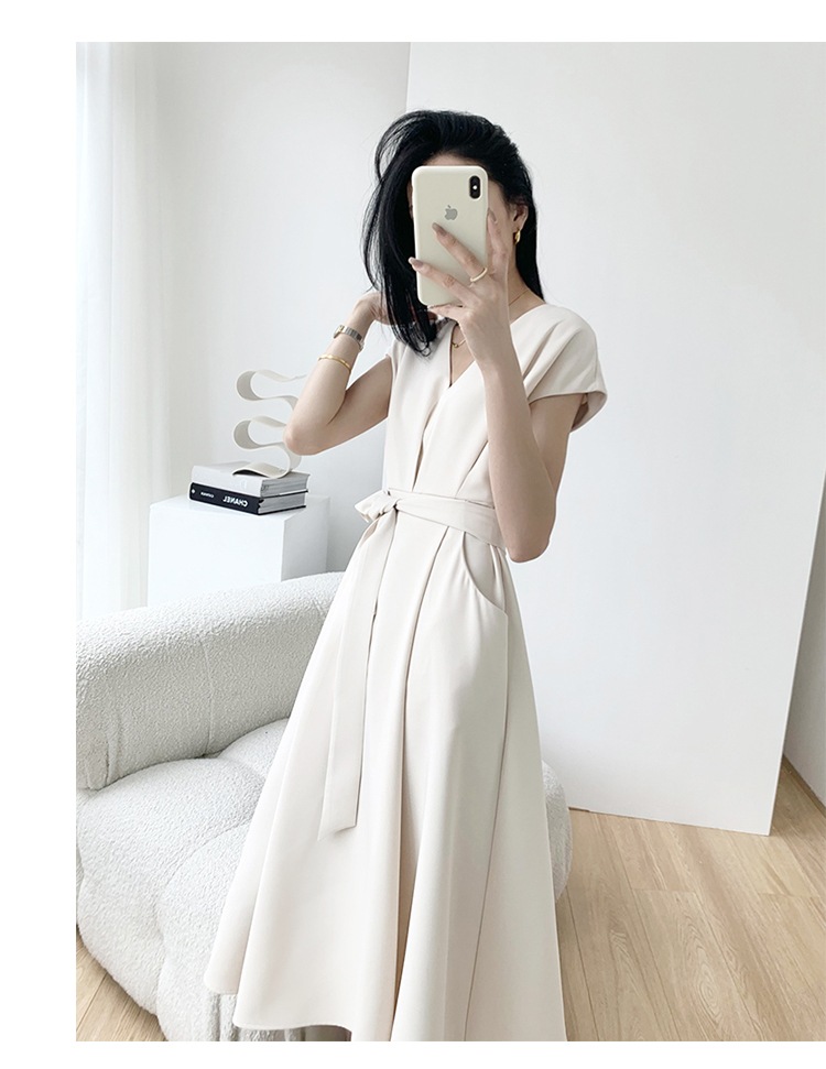 ワンピース 膝下 ミモレ ミモレ丈 袖あり フレンチスリーブ Vネック スリム ウエストリボン ハイウエスト きれいめ シンプル 大人 上品 おしゃれ 大人女子 こなれ感 クール セクシー