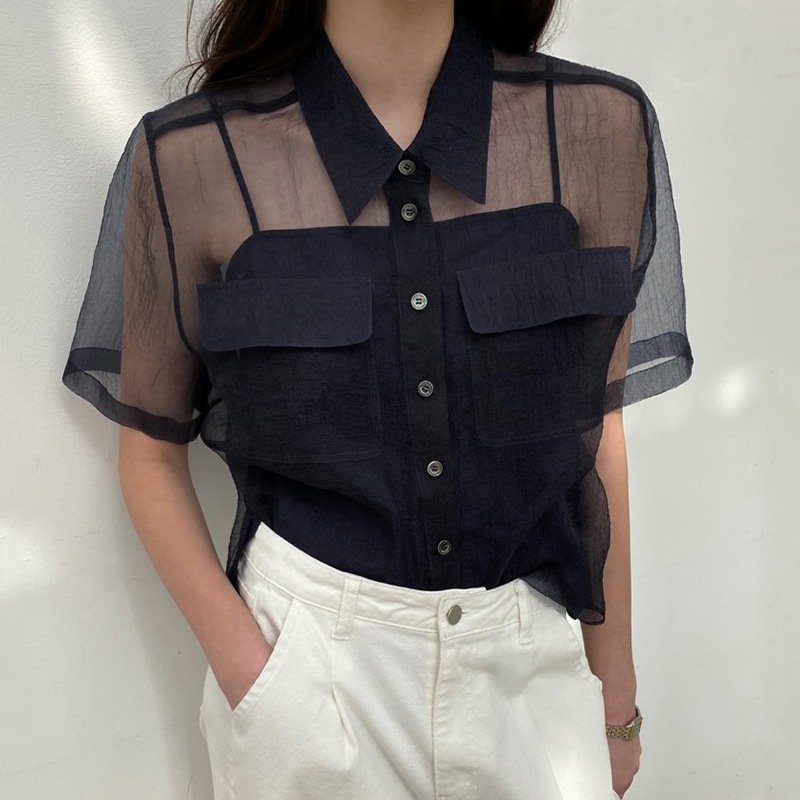 トップス デート かわいい 大人可愛い きれいめ シンプル カジュアル 大人 上品 おしゃれ お洒落 シャツ 薄手 シアー 半袖 夏 肌みせ 韓国 学生 個性的 主役級 ピンク ネイビー フリーサイズ