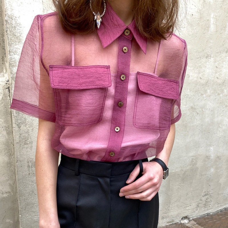 トップス デート かわいい 大人可愛い きれいめ シンプル カジュアル 大人 上品 おしゃれ お洒落 シャツ 薄手 シアー 半袖 夏 肌みせ 韓国 学生 個性的 主役級 ピンク ネイビー フリーサイズ