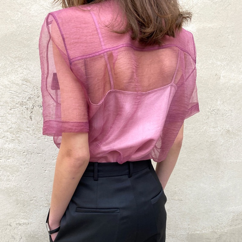 トップス デート かわいい 大人可愛い きれいめ シンプル カジュアル 大人 上品 おしゃれ お洒落 シャツ 薄手 シアー 半袖 夏 肌みせ 韓国 学生 個性的 主役級 ピンク ネイビー フリーサイズ