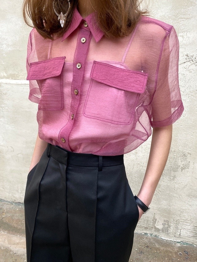 トップス デート かわいい 大人可愛い きれいめ シンプル カジュアル 大人 上品 おしゃれ お洒落 シャツ 薄手 シアー 半袖 夏 肌みせ 韓国 学生 個性的 主役級 ピンク ネイビー フリーサイズ