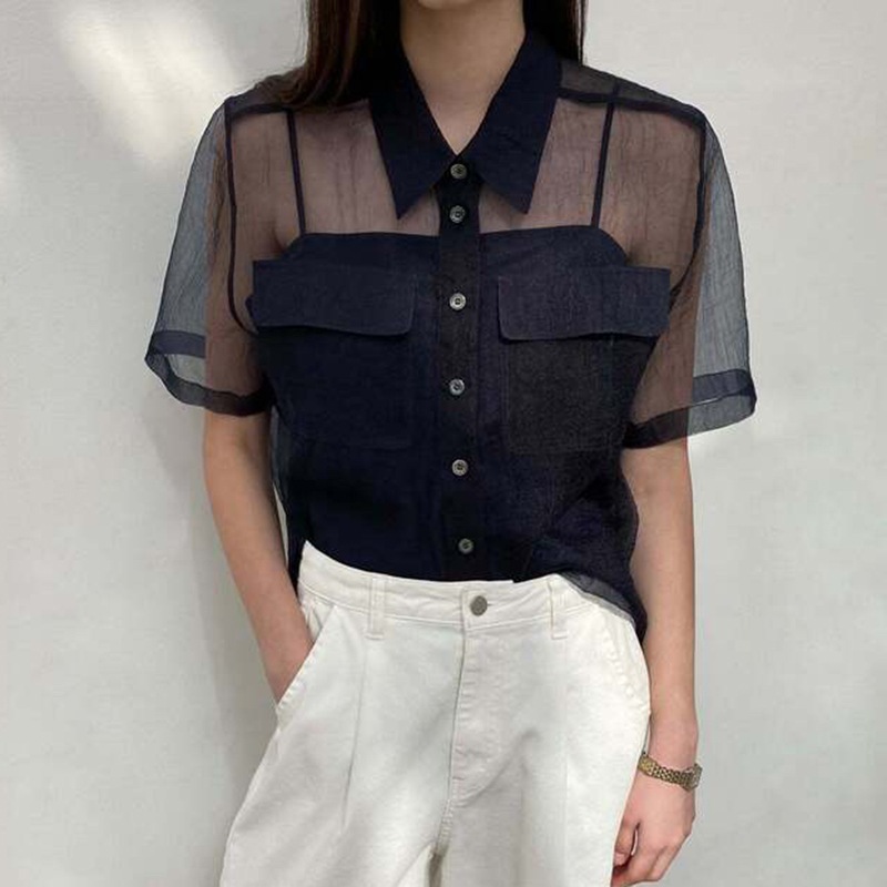 トップス デート かわいい 大人可愛い きれいめ シンプル カジュアル 大人 上品 おしゃれ お洒落 シャツ 薄手 シアー 半袖 夏 肌みせ 韓国 学生 個性的 主役級 ピンク ネイビー フリーサイズ