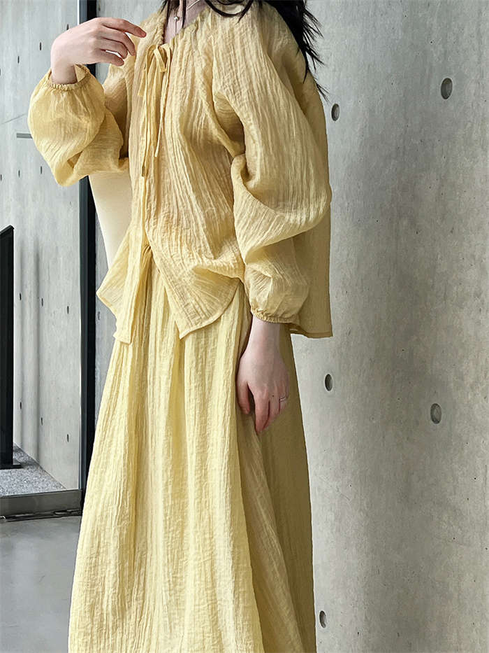 セットアップ 上下セット レディース 春 夏 秋2点セット トップス スカート シャツ ブラウス 無地 長袖 スカートスーツ ロングスカート ウエストゴム リボン付き シワ加工 体型カバー 着回し