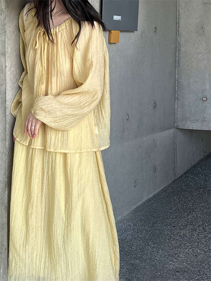 セットアップ 上下セット レディース 春 夏 秋2点セット トップス スカート シャツ ブラウス 無地 長袖 スカートスーツ ロングスカート ウエストゴム リボン付き シワ加工 体型カバー 着回し