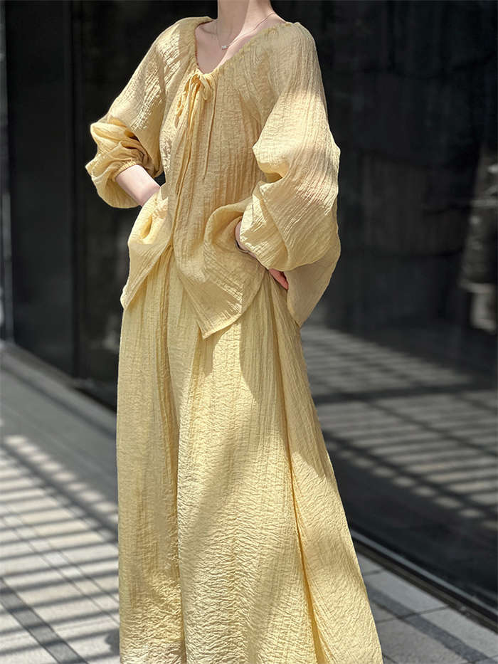 セットアップ 上下セット レディース 春 夏 秋2点セット トップス スカート シャツ ブラウス 無地 長袖 スカートスーツ ロングスカート ウエストゴム リボン付き シワ加工 体型カバー 着回し