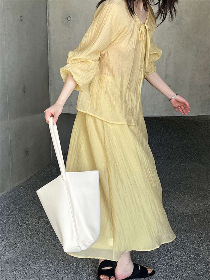 セットアップ 上下セット レディース 春 夏 秋2点セット トップス スカート シャツ ブラウス 無地 長袖 スカートスーツ ロングスカート ウエストゴム リボン付き シワ加工 体型カバー 着回し
