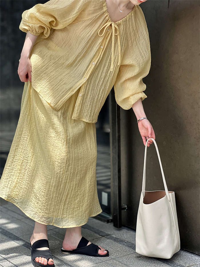 セットアップ 上下セット レディース 春 夏 秋2点セット トップス スカート シャツ ブラウス 無地 長袖 スカートスーツ ロングスカート ウエストゴム リボン付き シワ加工 体型カバー 着回し