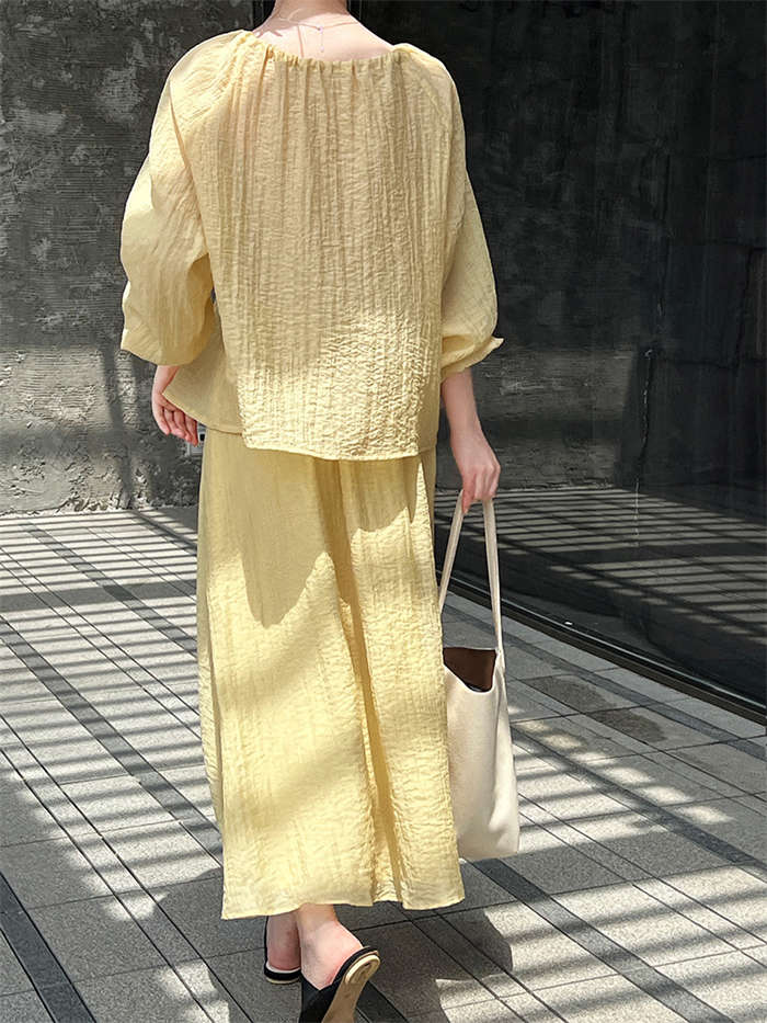 セットアップ 上下セット レディース 春 夏 秋2点セット トップス スカート シャツ ブラウス 無地 長袖 スカートスーツ ロングスカート ウエストゴム リボン付き シワ加工 体型カバー 着回し