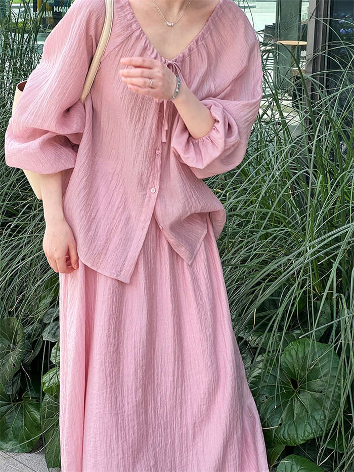 セットアップ 上下セット レディース 春 夏 秋2点セット トップス スカート シャツ ブラウス 無地 長袖 スカートスーツ ロングスカート ウエストゴム リボン付き シワ加工 体型カバー 着回し